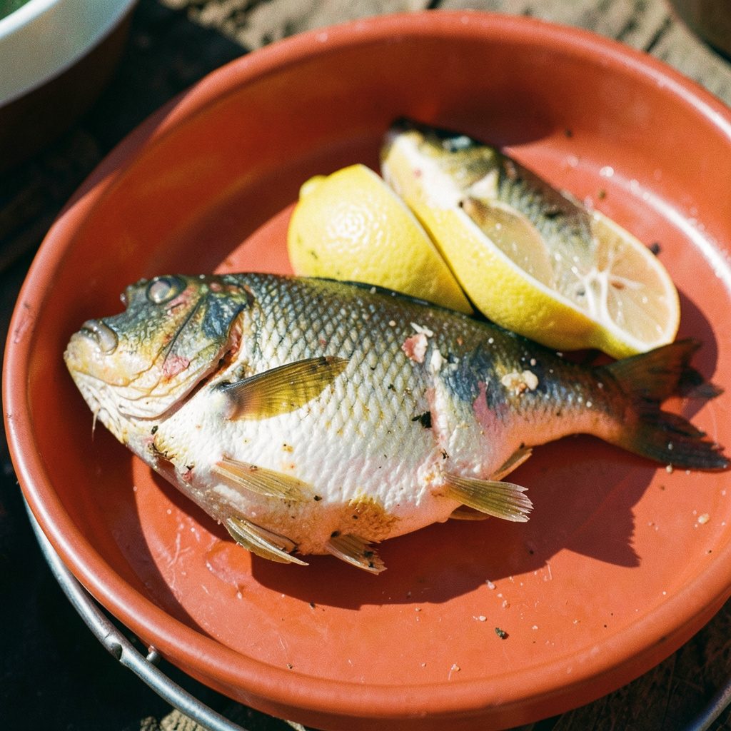 Lemon hilsa preparation with bright yellow lemon slices and green herbs, fresh and zesty presentation on a dark plate